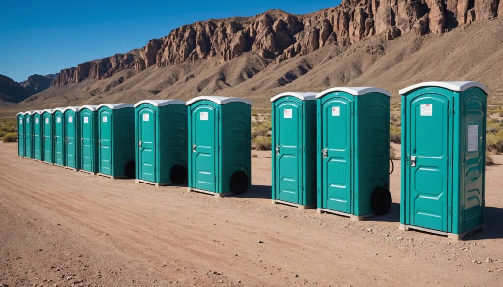 "A sharp, high-resolution photograph of a row of modern portable toilets in vibrant blue and green hues, neatly lined up against a dusty desert backdrop under a clear turquoise sky. The scene captures the rugged, arid landscape of Canutillo, TX, with distant mountains and sparse vegetation. Soft morning light casts gentle shadows, emphasizing the clean, sturdy design of each unit, evoking reliability and convenience in a remote outdoor setting." 