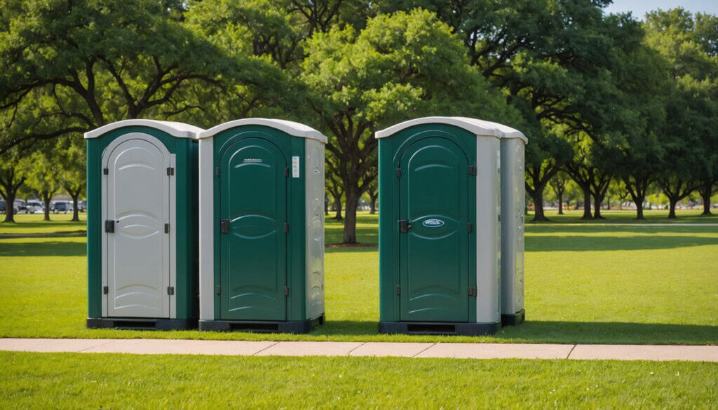 "A vibrant, sunlit row of pristine, modern portable toilets lined up against a lush green park backdrop in Carrollton, TX. The units feature crisp, clean surfaces with subtle ventilation panels and sturdy handles. In the foreground, neatly trimmed grass and blooming local wildflowers add a touch of natural color, while soft shadows suggest early morning light. The image captures both functionality and the inviting ambiance of a well-maintained outdoor event space."
