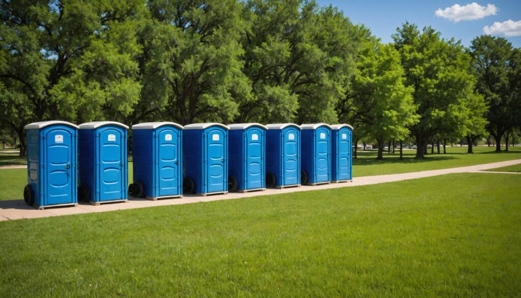 "A sharp, high-resolution photograph capturing a row of vibrant blue portable toilets neatly arranged against a lush green backdrop in Cedar Park, TX. The sunlight highlights the clean surfaces and sturdy construction, with subtle shadows emphasizing depth. In the softly blurred background, hints of suburban homes and clear blue skies suggest a community setting, blending practicality with scenic calm in this professional, well-composed image." 