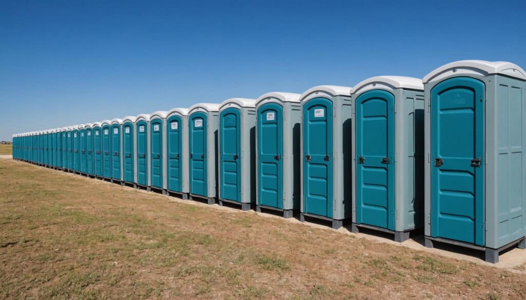"A crisp, sunlit image of a clean row of portable toilets set against a clear blue sky in Converse, TX. The vibrant colors of the units—bright blues and greens—contrast with the dusty, rugged Texas landscape. The shot captures sharp details: sturdy handles, ventilation grilles, and secure locks, highlighting the professional setup for an outdoor event or construction site. The background features distant pine trees and soft shadows cast by early morning light." 