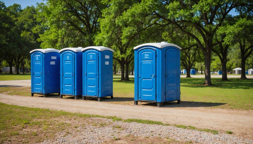 "A sunlit row of vibrant blue portable toilets stands neatly aligned on a gravel lot surrounded by lush green trees under a bright, clear sky. The scene captures the clean, sturdy units with secure latches and ventilation, hinting at their readiness for outdoor events or construction sites in Cypress, TX. The warm Texan sunlight highlights the smooth surfaces and rugged texture of the ground, evoking a sense of reliability and convenience."