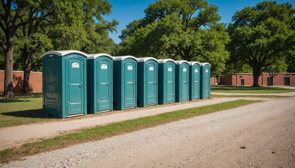 "A vibrant photograph captures a row of clean, modern portable toilets in soft blues and greens, neatly lined up on a gravel lot under the clear Texas blue sky. In the background, charming Georgetown red brick buildings and lush oak trees frame the scene, highlighting the blend of urban utility and small-town charm. The warm afternoon sunlight casts defined shadows, emphasizing the textures and colors with sharp clarity from a high-end camera." 