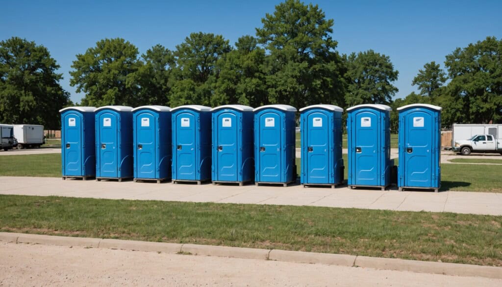 "A high-resolution image captures a neat row of vibrant blue portable toilets lined up along a sunny construction site in Grand Prairie, TX. The scene features a clear sky, dusty ground, and surrounding industrial equipment. In the background, suburban homes and tall trees subtly frame the orderly, modern portable restrooms, highlighting their clean, sturdy design and practical placement for workers in this bustling Texas community." 