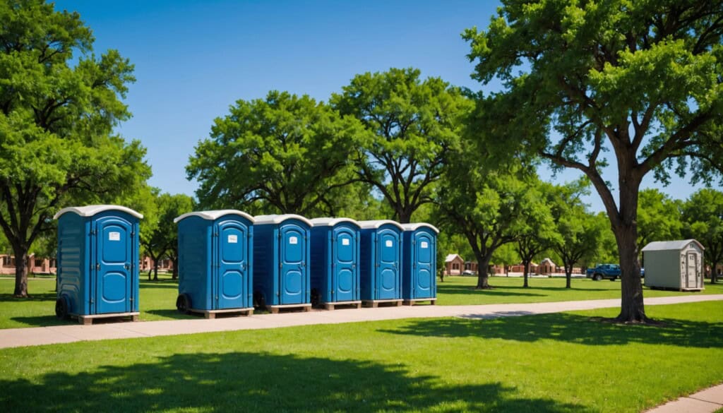 "A sharp, vibrant photograph captures a row of clean, blue portable toilets neatly lined up on a grassy patch under the bright Texas sun. In the background, lush green trees and a glimpse of historic Grapevine buildings add local charm. The clear sky contrasts with the polished surfaces of the units, highlighting their modern design. The image conveys reliability and convenience, ideal for outdoor events or construction sites in Grapevine, TX."  