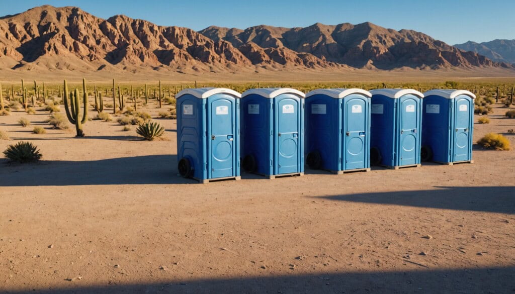  "A vibrant outdoor scene in Horizon City, TX, featuring a row of freshly cleaned, modern portable toilets with subtle branding, set against a clear blue sky and sprawling desert landscape. The warm, golden sunlight casts sharp shadows on the desert ground, highlighting the sturdy construction and inviting colors of the units. In the background, distant mountain ranges and native cacti create a distinctly Texan atmosphere, emphasizing reliability and convenience in a rugged environment." 