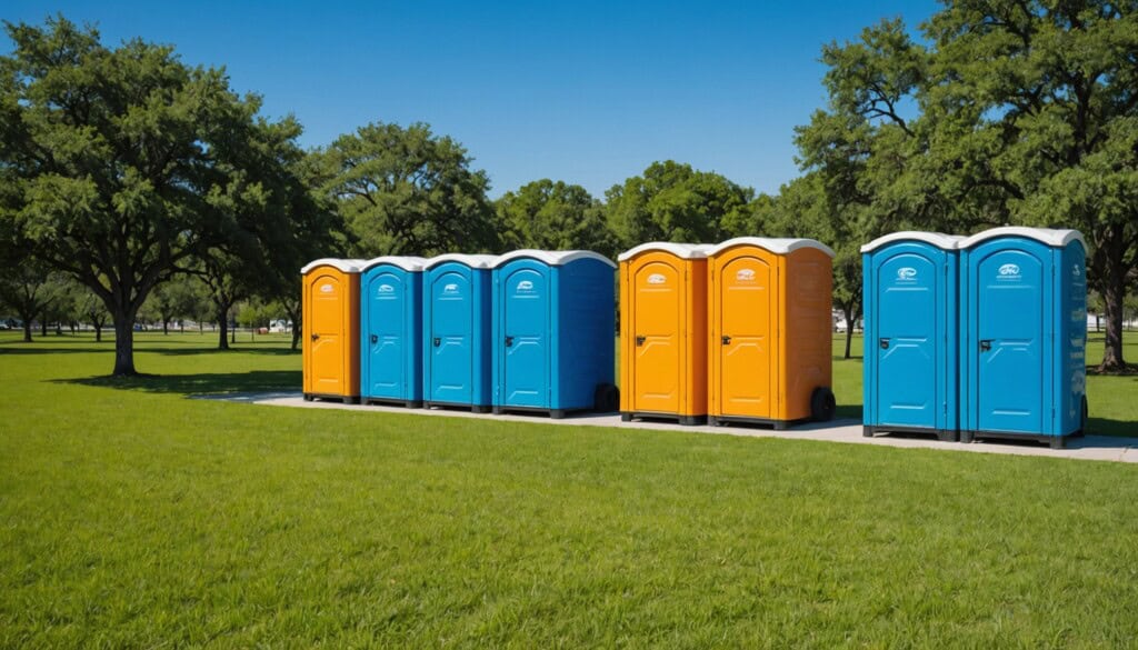"A vibrant, sunlit scene in Kyle, TX showcasing a neat row of modern portable toilets with bold, clean colors against a clear blue sky. The units stand on freshly mowed grass near a bustling outdoor event space, framed by distant Texas oak trees. Soft shadows create depth, highlighting the sturdy designs and convenience of the rentals, with people casually moving nearby, emphasizing accessibility and community use. The image captures practicality and local charm in crisp, high-resolution detail."