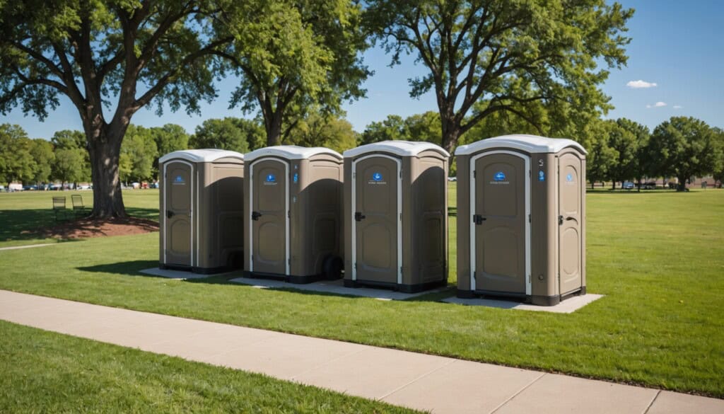 "A vibrant outdoor event scene in Lewisville, TX, showcasing a row of sleek, modern portable toilets in subtle earth tones. The units stand neatly aligned on a sunlit grassy area, with clear blue skies and distant trees framing the background. Soft shadows highlight their clean surfaces, while a few casually dressed attendees walk nearby, emphasizing accessibility and convenience in a lively community setting. The high-resolution image captures sharp details and natural colors."