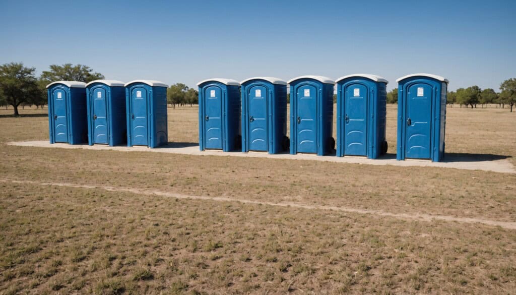 "A crisp, sunlit photograph captures a row of vibrant blue portable toilets neatly aligned on a dusty, open field under a clear Texas sky. In the background, the rustic charm of Manor’s small-town landscape with scattered trees and distant hills provides a serene contrast to the modern convenience. The sharp focus highlights clean surfaces and sturdy construction, emphasizing practicality and readiness for outdoor events or construction sites in Manor, TX."