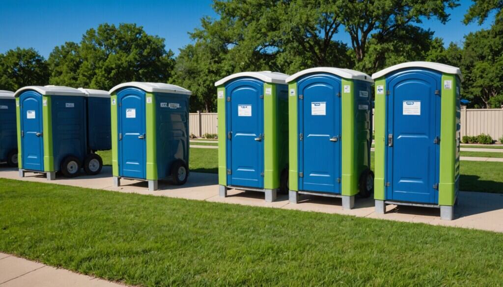"A crisp, high-resolution photo captures a neat row of vibrant blue portable toilets lined up on a sunlit, gravel lot in Mansfield, TX. The bright green trees and charming suburban homes in the background frame the clean, well-maintained units. Soft afternoon sunlight casts gentle shadows, highlighting the sturdy construction and textured surfaces of each portable restroom, evoking a professional and reliable rental service in a quiet Texas community." 