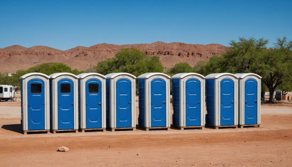 "A crisp, sunlit photograph captures a row of sleek, blue portable toilets neatly lined up on a dusty Mesquite construction site. The vivid blue contrasts against the warm, reddish-brown soil and clear Texas sky. In the background, modern suburban homes and mesquite trees create a distinct local atmosphere. The image’s sharp focus highlights the clean, well-maintained units, emphasizing practicality and convenience in Mesquite, TX."  