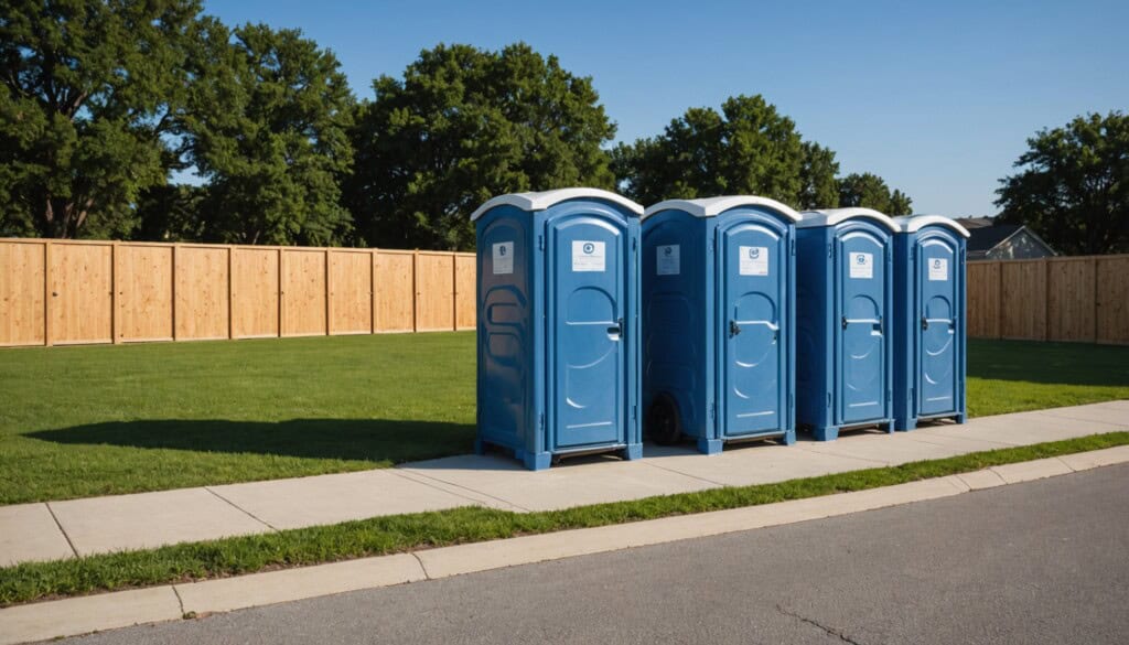 "A crisp, high-resolution photograph capturing a row of pristine, blue Myers Portable Toilets neatly aligned on a sunlit suburban construction site in Missouri City, TX. Surrounding the units, freshly mowed grass and modern residential homes create a clean, orderly backdrop. The late afternoon sun casts soft shadows, highlighting the durable textures and vibrant colors of the portable restrooms, emphasizing their readiness and convenience for local outdoor events and projects." 
