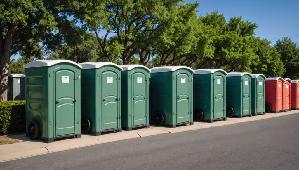 "A crisp, high-resolution photograph captures a row of pristine, brightly colored portable toilets neatly lined up on a sunlit suburban street in Pasadena, TX. The scene features lush green trees and distant residential rooftops under a clear blue sky. The sturdy, clean units with ventilation pipes and secure locks reflect professional maintenance, emphasizing the reliable and convenient services offered by Myers Portable Toilets. The vibrant colors contrast sharply with the natural surroundings." 