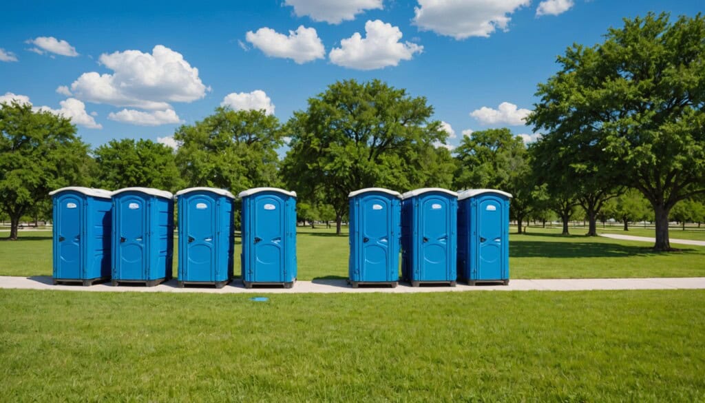 "A vibrant image showcasing a row of clean, modern portable toilets lined up on a sunny, grassy field in Pflugerville, TX. The scene captures the vivid blue sky and lush green trees in the background, highlighting the convenience and accessibility of the rentals. The polished, sturdy units gleam under natural light, with well-maintained ground and subtle shadows adding depth, reflecting top-quality service in a welcoming outdoor setting."