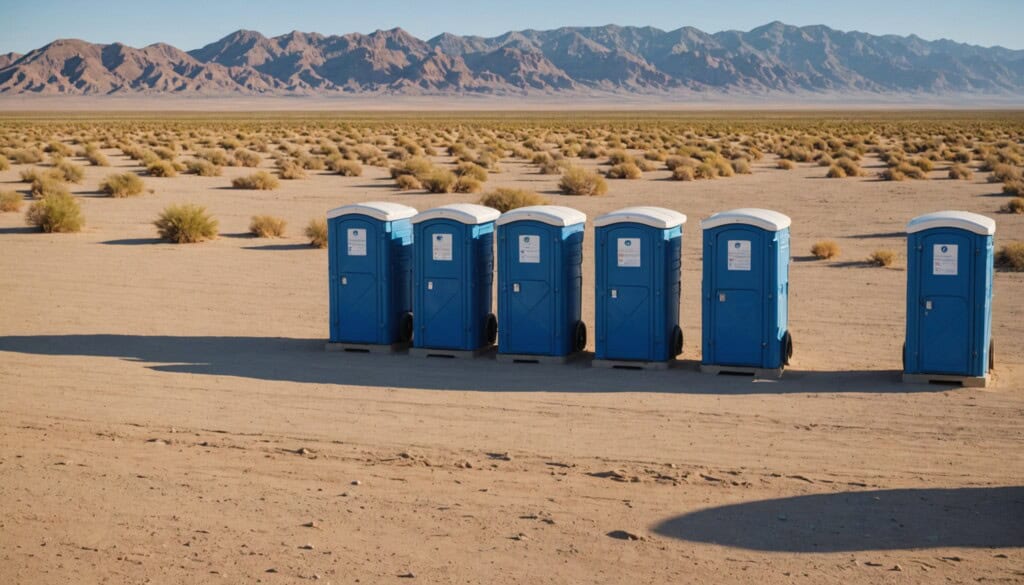 "Golden afternoon light bathes a row of spotless blue and white portable toilets neatly lined along a dusty event field in Anthony, TX, with distant desert mountains and sparse yucca plants on the horizon. Fresh tire tracks curve through the sandy ground, leading past a nearby handwashing station with gleaming metal basins. A few orange traffic cones and a white service truck partially visible at the edge hint at recent, professional setup."
