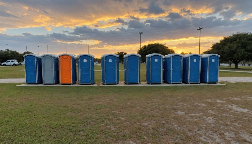 "Golden-hour photograph of a well-organized row of spotless blue and gray portable toilets set up on a grassy lot near the Aransas Pass waterfront. Subtle reflections of boats and docks shimmer in the distance. Bright orange safety cones line a gravel path leading to the units. A clear, vibrant Texas sky with soft clouds overhead, and warm, natural sunlight emphasizing clean surfaces and crisp details, shot with shallow depth of field on a high-end DSLR."
