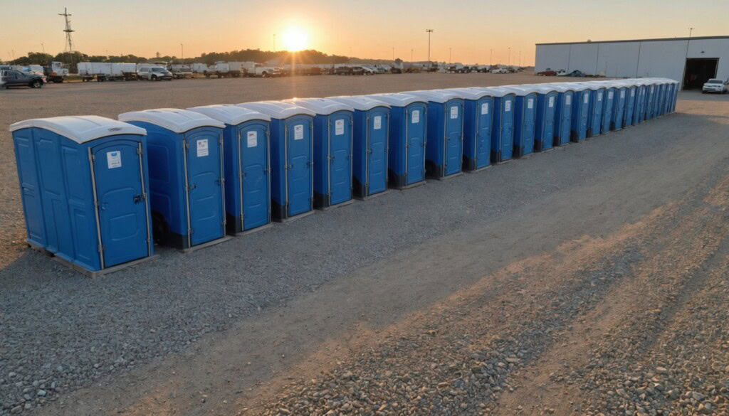 "Golden-hour photograph of a neatly arranged row of blue and gray portable toilets set on a clean gravel lot near Ingleside’s industrial waterfront. A white pickup truck with an open trailer is parked beside them, suggesting delivery. Soft coastal light reflects off the units’ clean plastic surfaces, with subtle shadows and a faint view of oil rigs and calm water in the distant background, captured in crisp, high-resolution detail."  