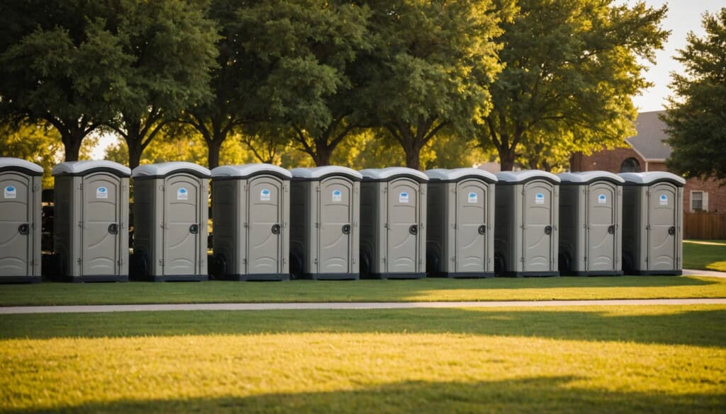 "Golden late-afternoon light over a community event in Little Elm, TX, near a lakefront park. A neat row of clean, modern portable toilets stands on trimmed grass, doors slightly ajar, ventilation grills visible. Subtle reflections on the plastic surfaces hint at a high-end camera’s sharp detail. In the background: Texas suburban homes, parked trucks, a food truck, and families walking, with a wide, open Texas sky and soft clouds overhead."
