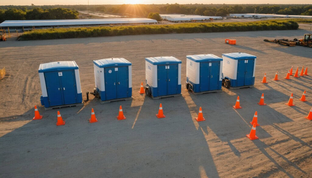 "Golden-hour photograph of a construction site in Portland, TX, featuring a neat row of clean, blue-and-white portable toilets on a level gravel pad. Fresh tire tracks curve past them, with orange safety cones nearby. In the background, workers in hard hats and hi-vis vests move between steel framing and machinery. Bright Texas sky, crisp details, soft shadows, and shallow depth of field captured with a high-end DSLR, emphasizing cleanliness, order, and readiness for use."
