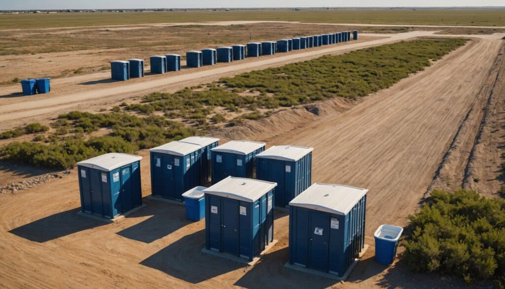 "Golden-hour photograph of a construction site on the outskirts of Robstown, TX, with several clean, dark-blue portable toilets neatly lined along a gravel path. A wide, flat South Texas landscape stretches behind them, dotted with low brush and distant utility poles. Warm sunlight casts long shadows, highlighting the units’ vents, handles, and subtle surface texture. A few workers in safety vests move in the background, with pickup trucks and heavy machinery slightly out of focus."
