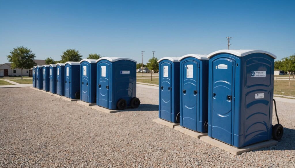 "A row of pristine portable toilets stands on a clean gravel lot in The Colony, TX, under a bright, clear Texas sky. The units are modern, deep blue with white trim, evenly spaced with visible ventilation and sturdy doors. In the background, new suburban homes and a distant water tower hint at a growing community. Warm late-afternoon sunlight casts crisp shadows, captured with sharp detail and rich color by a high-end camera."
