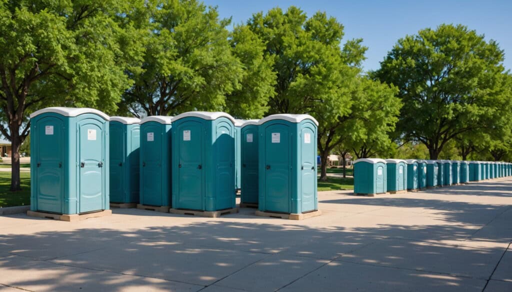 "A vibrant, sunlit row of pristine blue and green portable toilets stands neatly aligned on a paved lot in Richardson, TX. Behind them, modern office buildings and leafy trees hint at a suburban setting. The polished surfaces gleam under a clear sky, and subtle shadows stretch across the concrete, capturing the inviting cleanliness and professional quality of local portable toilet rentals." 