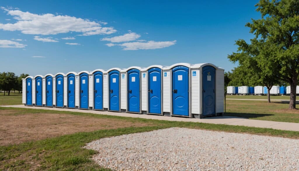 "A vibrant, sunlit scene in Schertz, TX, featuring a row of clean, modern portable toilets with bright blue and white panels neatly aligned on a gravel lot. In the background, Texas Hill Country’s gentle rolling hills stretch under a clear, azure sky. The sharp, high-definition focus captures subtle textures—metal locks, textured plastic surfaces—and soft shadows cast by nearby oak trees, conveying a professional and well-maintained portable toilet rental service." 