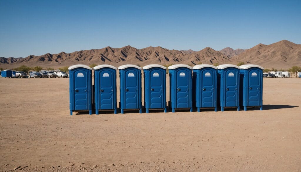 "A crisp, vibrant photograph captures a neat row of bright blue portable toilets lined up on a dusty lot under the intense Socorro, TX sun. The sharp focus reveals sturdy, clean units with ventilation grilles and secure doors, set against a backdrop of clear skies and distant desert hills. The warm, golden light highlights subtle textures on the plastic surfaces and dry earth, emphasizing cleanliness and readiness for outdoor events or construction sites." 