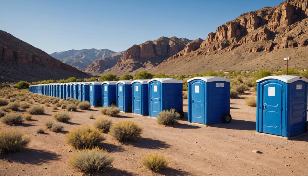 "A sunlit row of pristine, blue and white portable toilets stands neatly aligned against a backdrop of rugged desert hills and vibrant greenery in Sunland Park, NM. The sharp focus captures subtle textures—the sturdy plastic walls, metal hinges, and ventilation slats—while warm golden light bathes the scene, highlighting the contrast between modern convenience and the arid natural landscape. The photo’s composition emphasizes both utility and the striking Southwestern environment." 