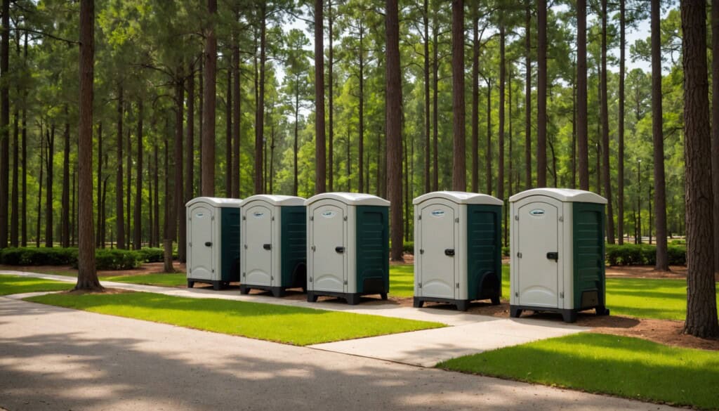 "A crisp, sunlit photograph captures a row of sleek, modern portable toilets lined neatly along a shaded path in a lush, green park of The Woodlands, TX. Towering pine trees filter golden afternoon light, casting dappled shadows over the clean units. In the background, manicured lawns and distant homes hint at a well-maintained community, while subtle details like ventilation vents and secure locking handles emphasize the quality and practicality of the rental service." 
