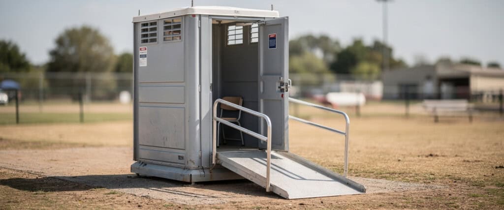 ADA compliant portable toilet featuring a safety ramp 