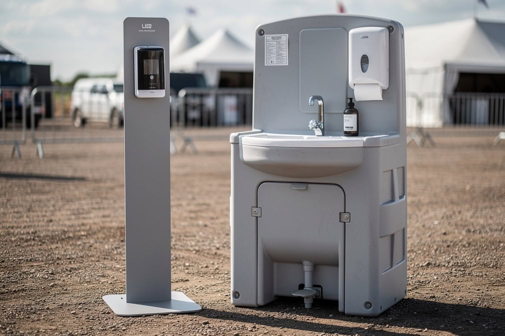Hand sanitizer station with portable sink