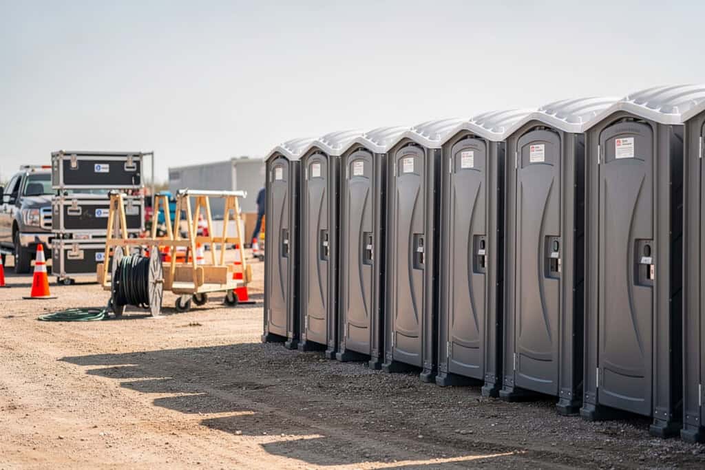 Multiple clean portable toilets staged on a long-term job site 